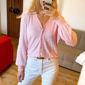 TCM Light Pink Puff Sleeve V-Neck Cardigan Sweater 🌸